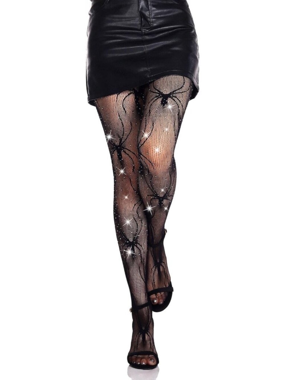Women Black Fishnet Stockings Rhinestone Spiderweb Halloween Tights - Spider